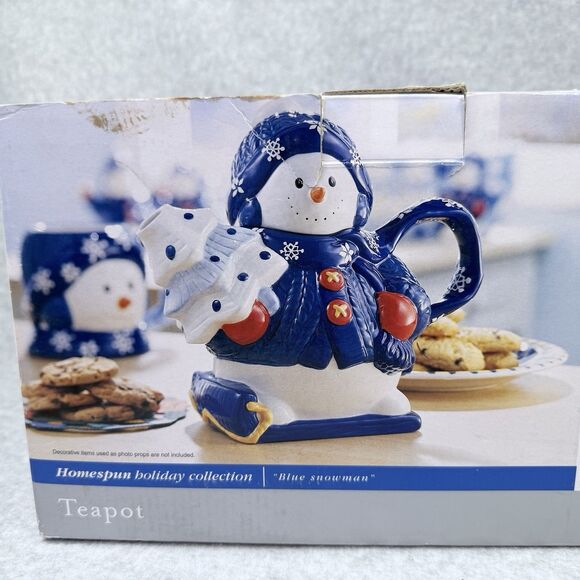 Homespun Holiday Collection Blue Snowman Four Cup Teapot Christmas Holidays - Picture 12 of 14